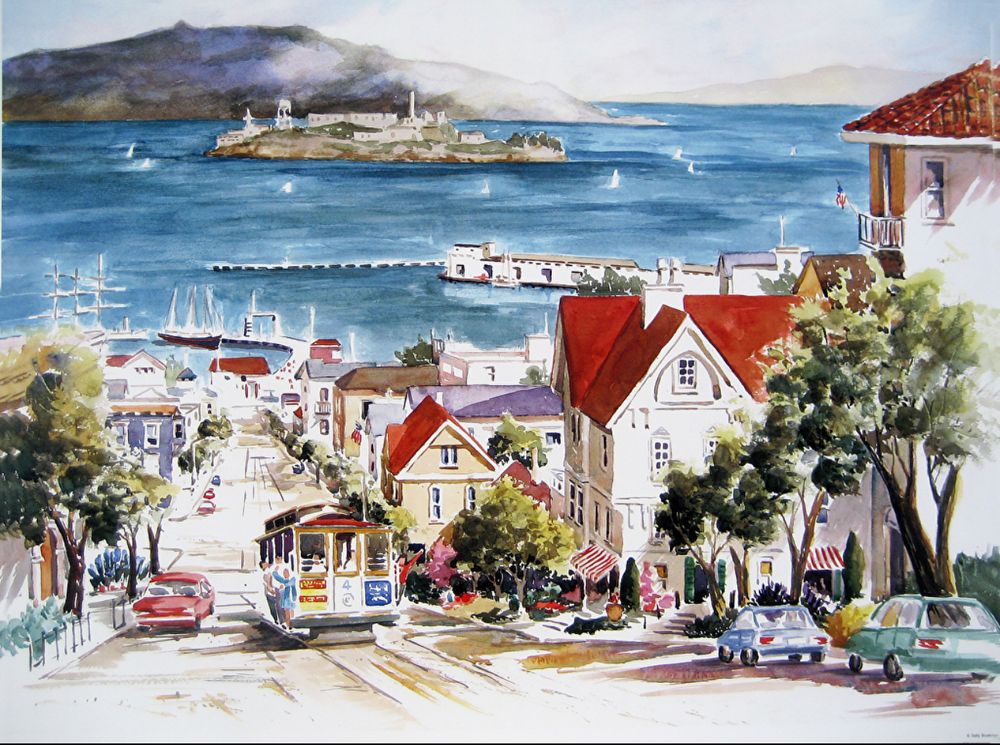 San Francisco Cable Car & Alcatraz – Lithographic Print – 17x23 Inches