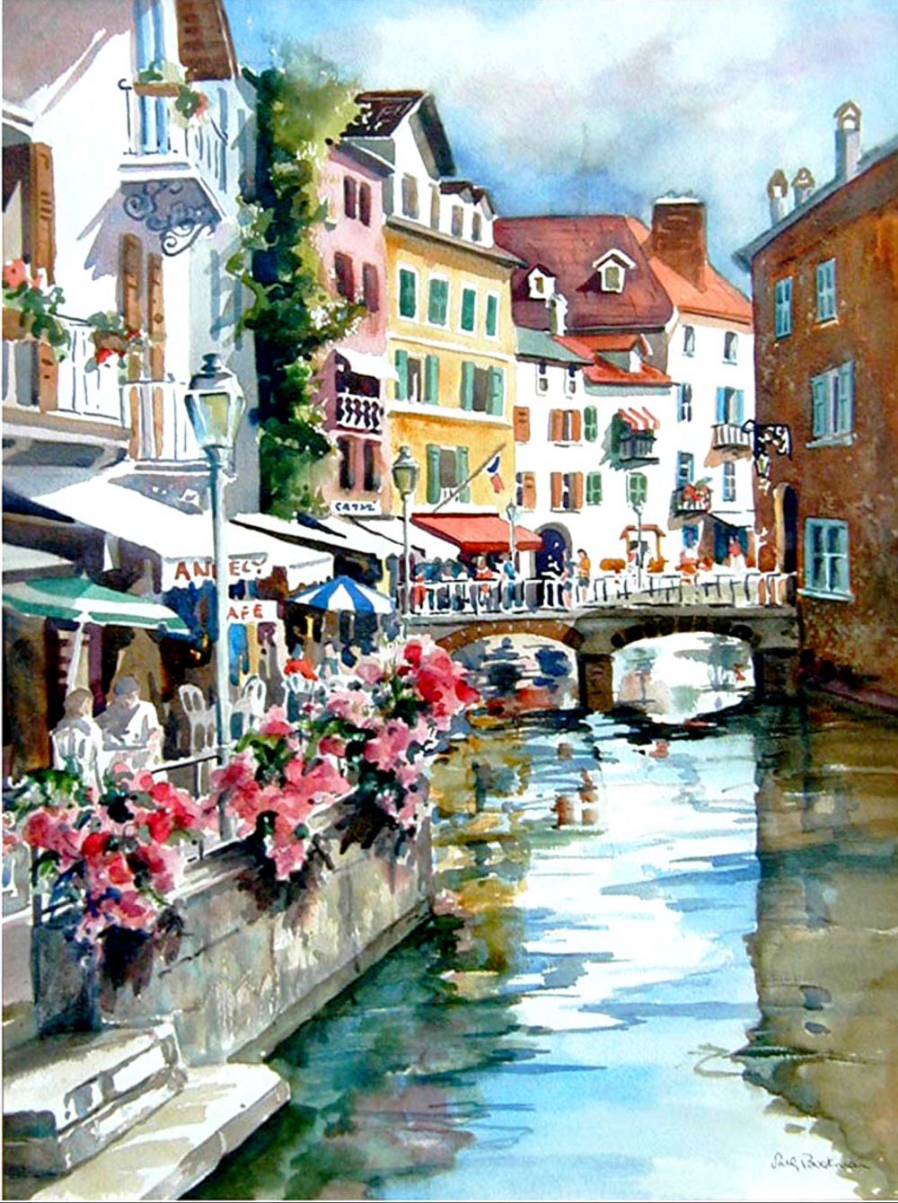 Annecy France Canal Scene – Lithographic Watercolor Print – 30x22 Inches